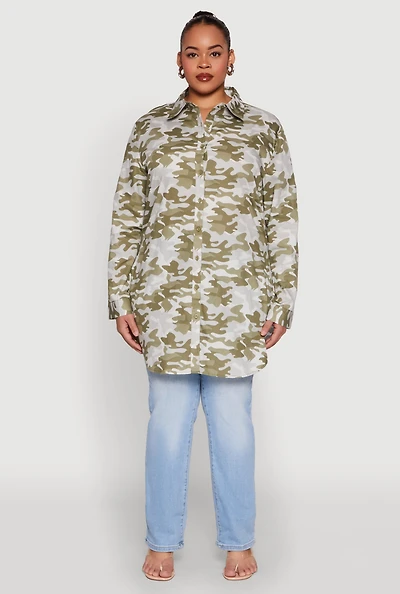 Womens Plus Size Camouflage Tunic Shirt, Green, Size 2X