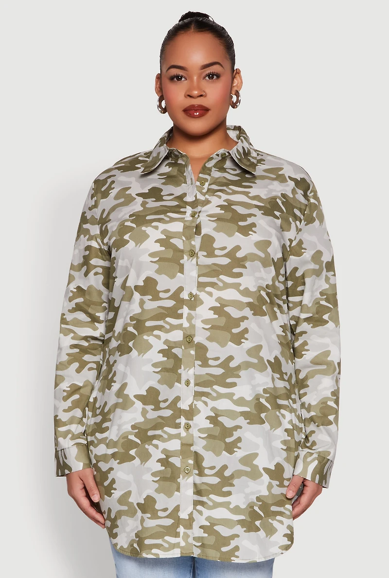 Womens Plus Size Camouflage Tunic Shirt, Green, Size 2X