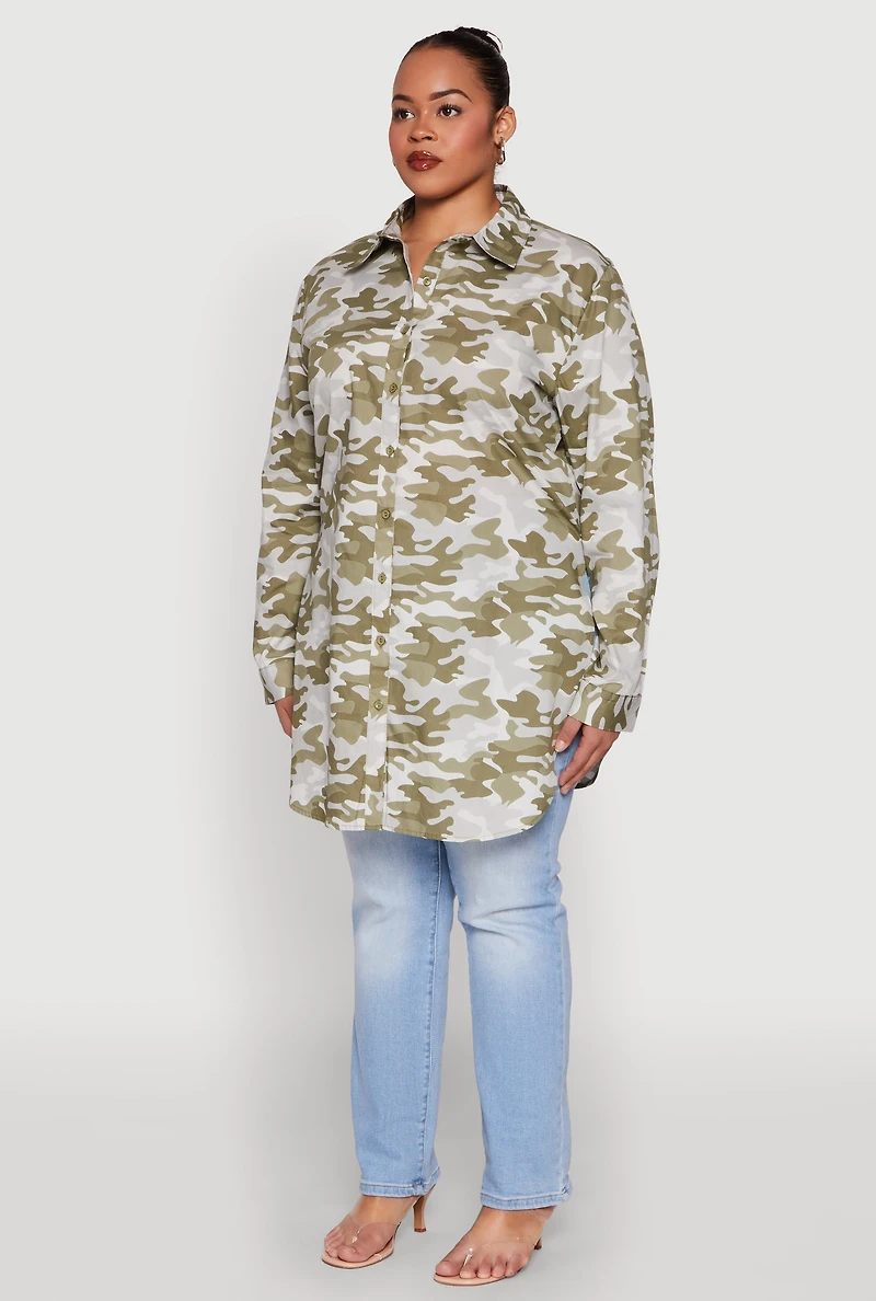 Womens Plus Size Camouflage Tunic Shirt, Green, Size 2X