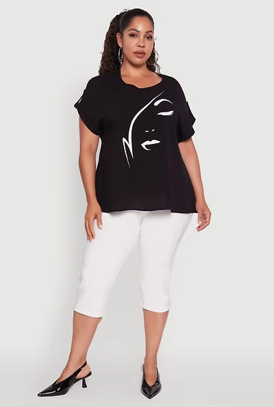 Womens Plus Size Abstract Face Graphic Tabbed Sleeve Tee, Black, Size 3X