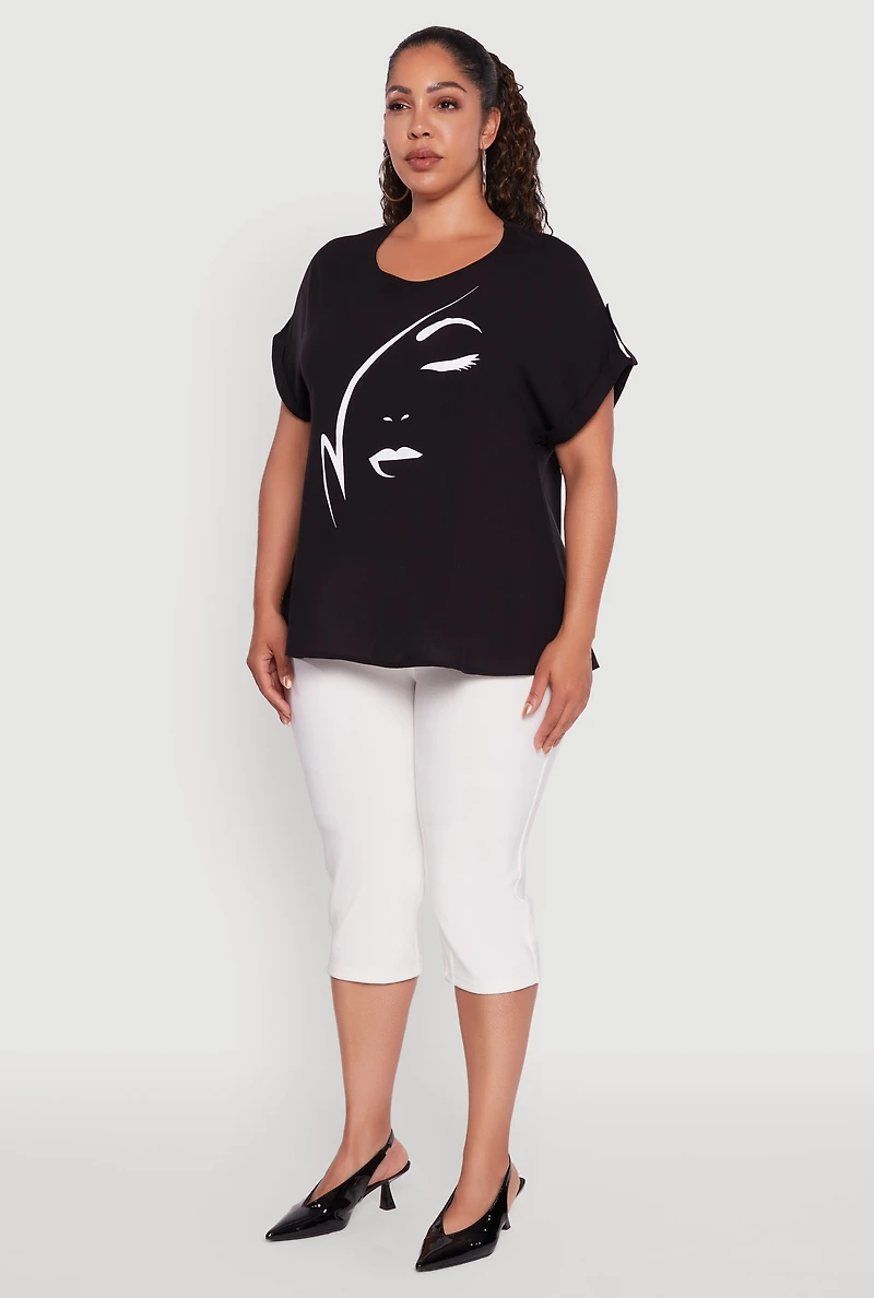 Womens Plus Size Abstract Face Graphic Tabbed Sleeve Tee, Black, Size 3X