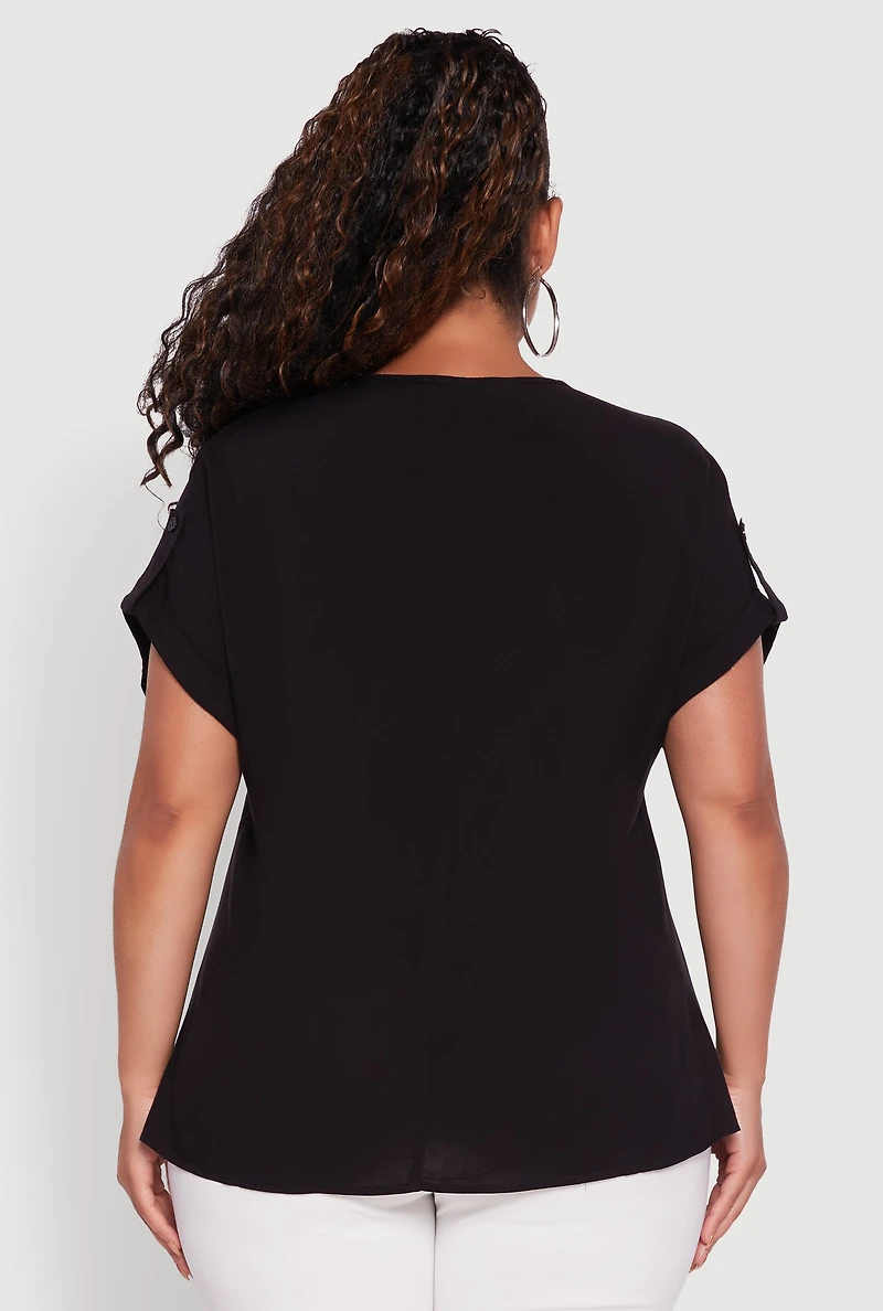 Womens Plus Size Abstract Face Graphic Tabbed Sleeve Tee, Black, Size 3X