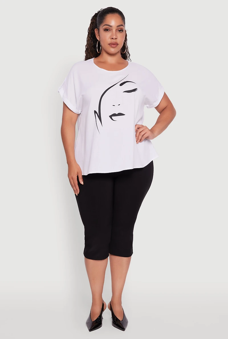 Womens Plus Size Abstract Face Graphic Tabbed Sleeve Tee, White, Size 2X
