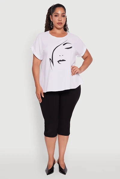 Womens Plus Size Abstract Face Graphic Tabbed Sleeve Tee, White, Size 2X