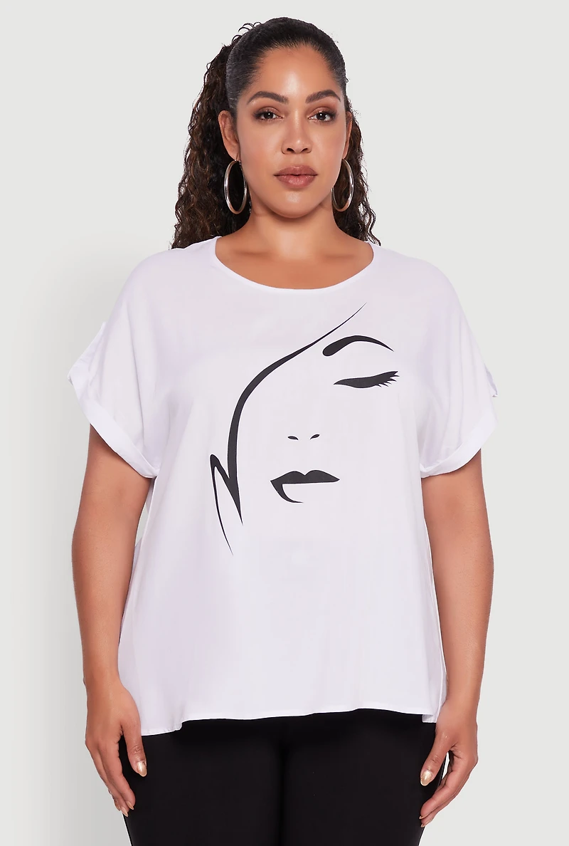 Womens Plus Size Abstract Face Graphic Tabbed Sleeve Tee, White, Size 2X