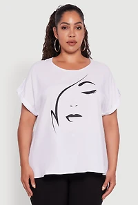 Womens Plus Size Abstract Face Graphic Tabbed Sleeve Tee, White, Size 2X
