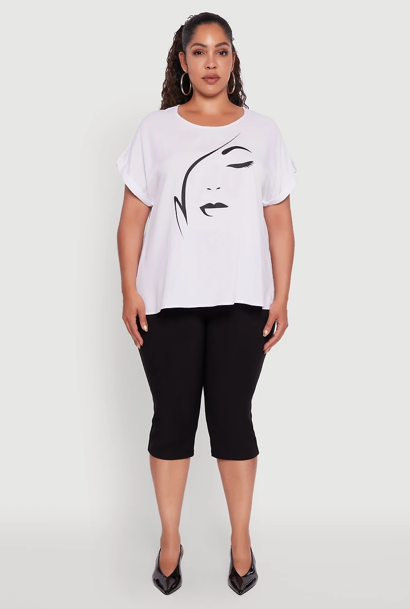 Womens Plus Size Abstract Face Graphic Tabbed Sleeve Tee, White, Size 2X