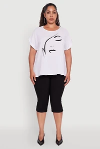 Womens Plus Size Abstract Face Graphic Tabbed Sleeve Tee, White, Size 2X