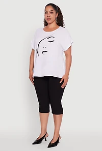 Womens Plus Size Abstract Face Graphic Tabbed Sleeve Tee, White, Size 2X