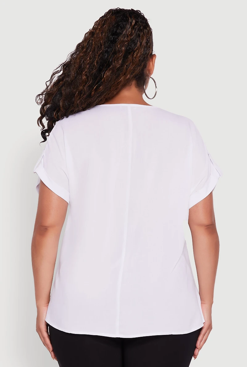 Womens Plus Size Abstract Face Graphic Tabbed Sleeve Tee, White, Size 2X