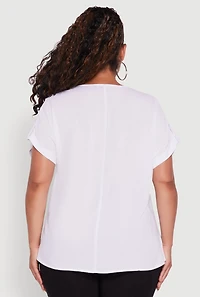 Womens Plus Size Abstract Face Graphic Tabbed Sleeve Tee, White, Size 2X