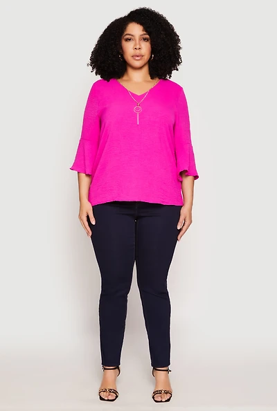Womens Plus Size Airy Quarter Bell Sleeve Blouse, Pink, Size 2X