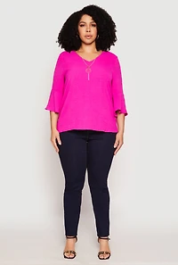 Womens Plus Size Airy Quarter Bell Sleeve Blouse, Pink, Size 2X