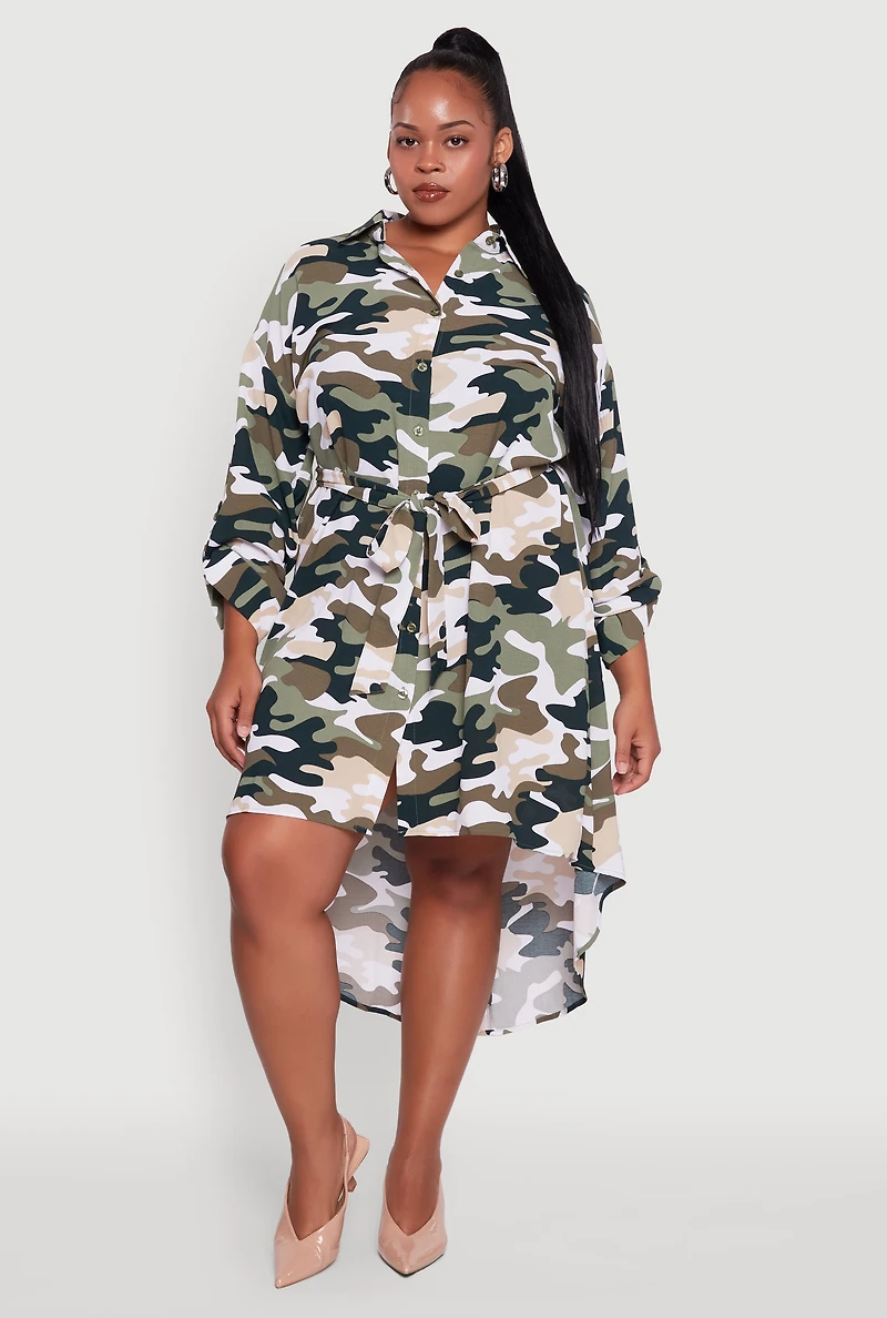 Womens Plus Camo High Low Shirt Dress with Tie Waist Belt, Green,