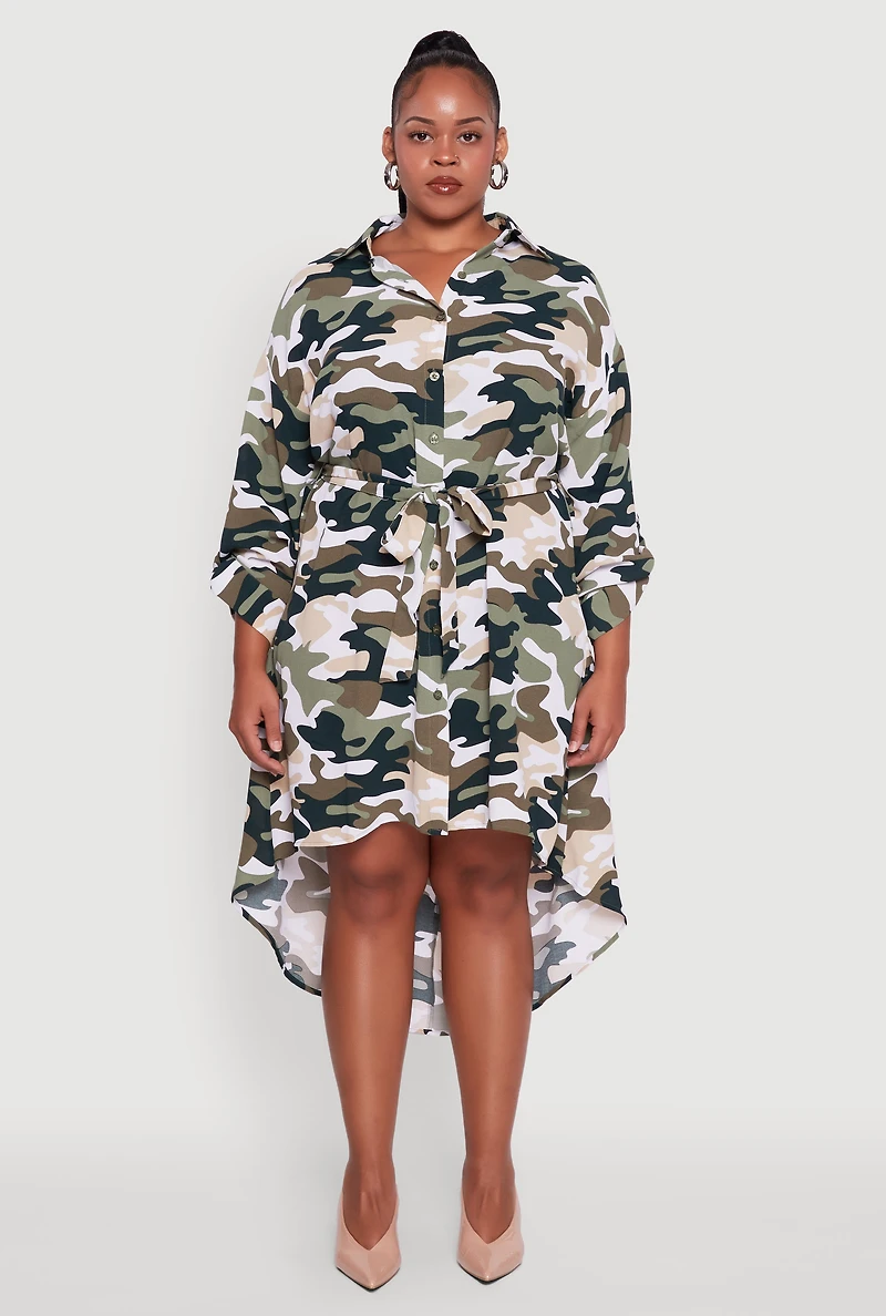 Womens Plus Camo High Low Shirt Dress with Tie Waist Belt, Green,