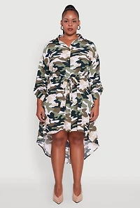 Womens Plus Size Camo High Low Shirt Dress with Tie Waist Belt, Green, Size 2X