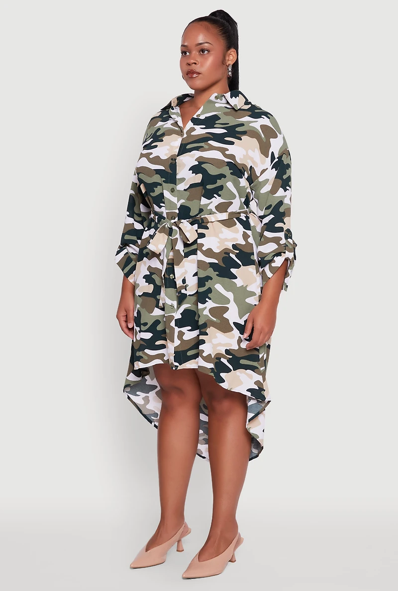 Womens Plus Camo High Low Shirt Dress with Tie Waist Belt, Green,
