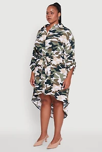 Womens Plus Camo High Low Shirt Dress with Tie Waist Belt, Green,