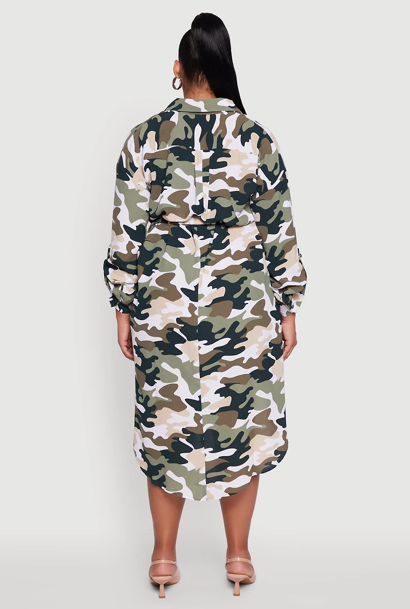 Womens Plus Camo High Low Shirt Dress with Tie Waist Belt, Green,