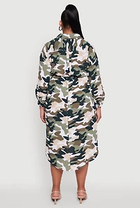 Womens Plus Camo High Low Shirt Dress with Tie Waist Belt, Green,