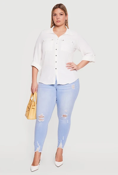 Plus Button Front Tab Sleeve Shirt