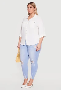 Plus Button Front Tab Sleeve Shirt