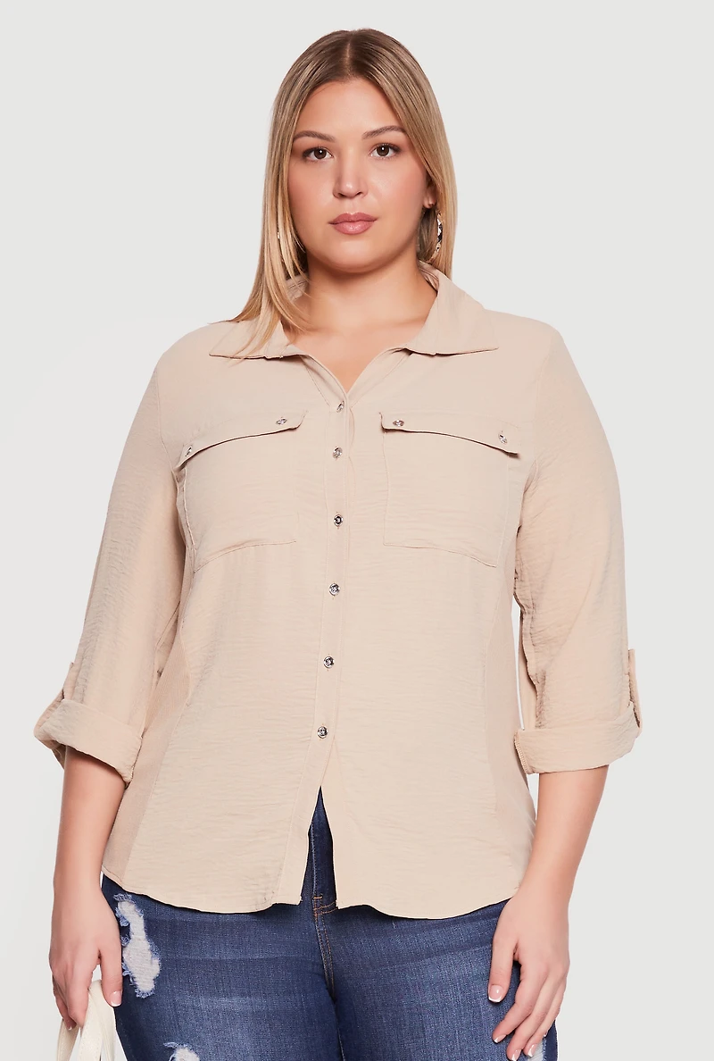 Plus Button Front Tab Sleeve Shirt