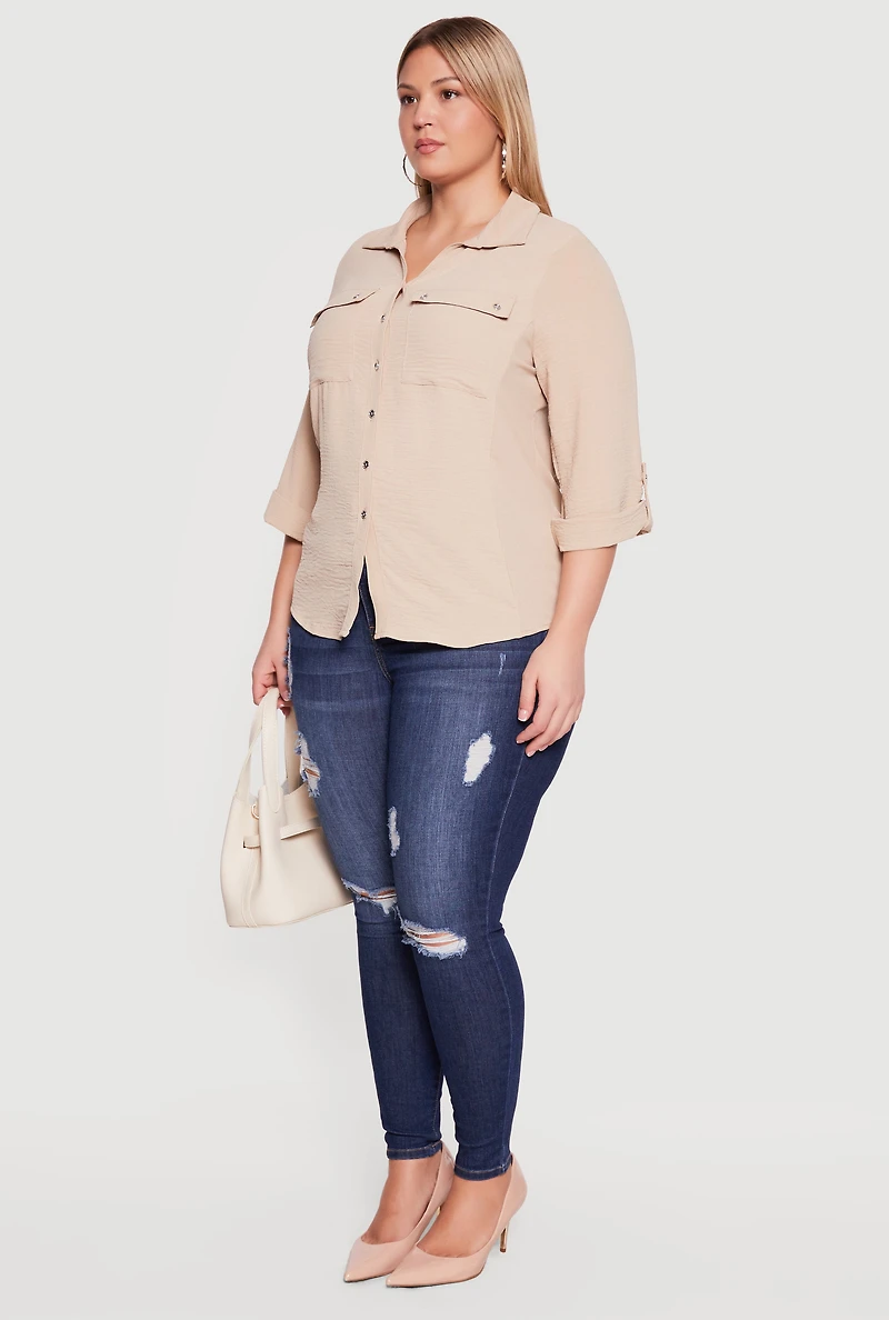 Plus Button Front Tab Sleeve Shirt