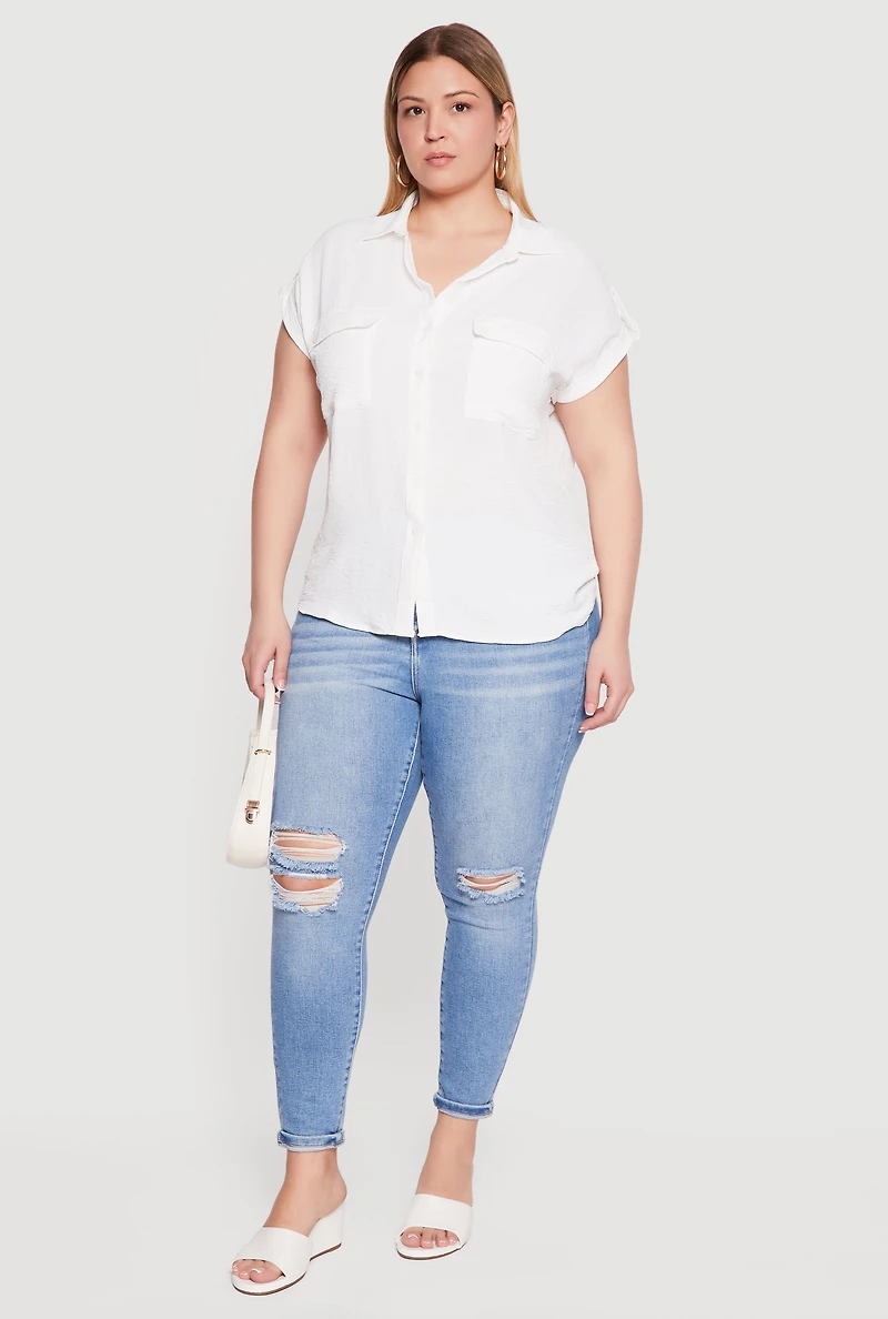 Plus Button Front Tabbed Dolman Sleeve Shirt