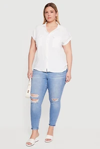 Plus Button Front Tabbed Dolman Sleeve Shirt
