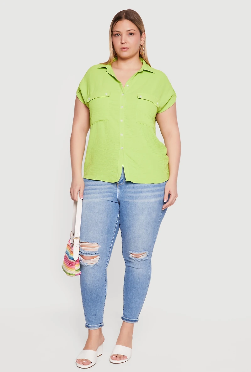 Plus Button Front Tabbed Dolman Sleeve Shirt