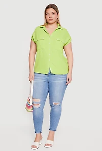 Plus Button Front Tabbed Dolman Sleeve Shirt