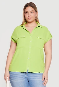 Plus Button Front Tabbed Dolman Sleeve Shirt