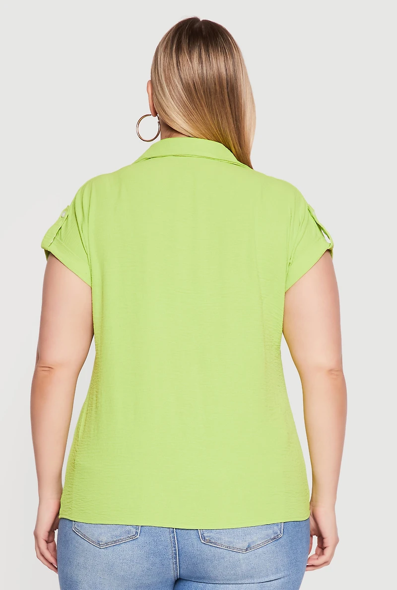 Plus Button Front Tabbed Dolman Sleeve Shirt