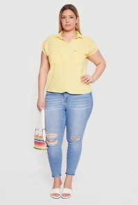 Plus Button Front Tabbed Dolman Sleeve Shirt