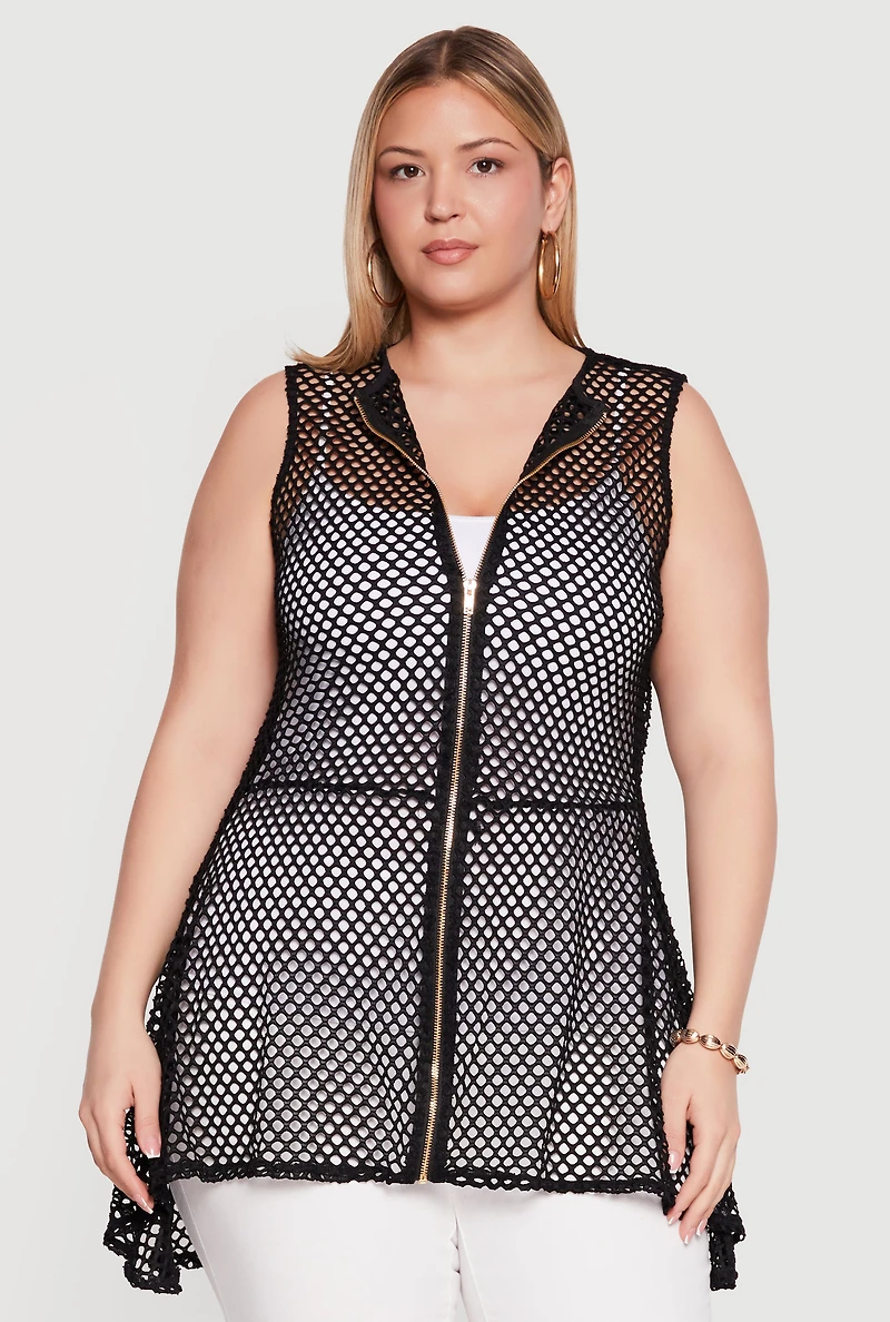 Plus Fishnet Zip Front High Low Top