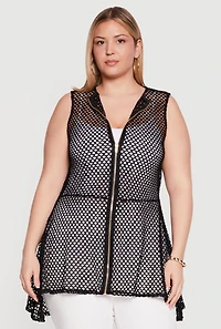 Plus Fishnet Zip Front High Low Top