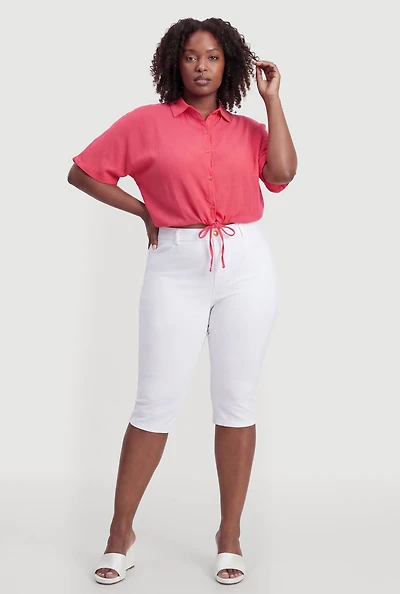 Plus Drawstring Hem Button Front Shirt