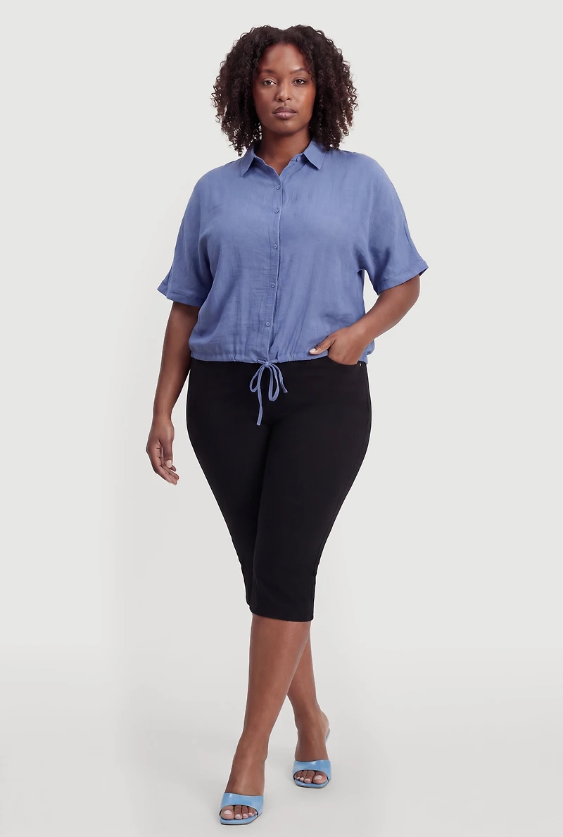 Plus Drawstring Hem Button Front Shirt