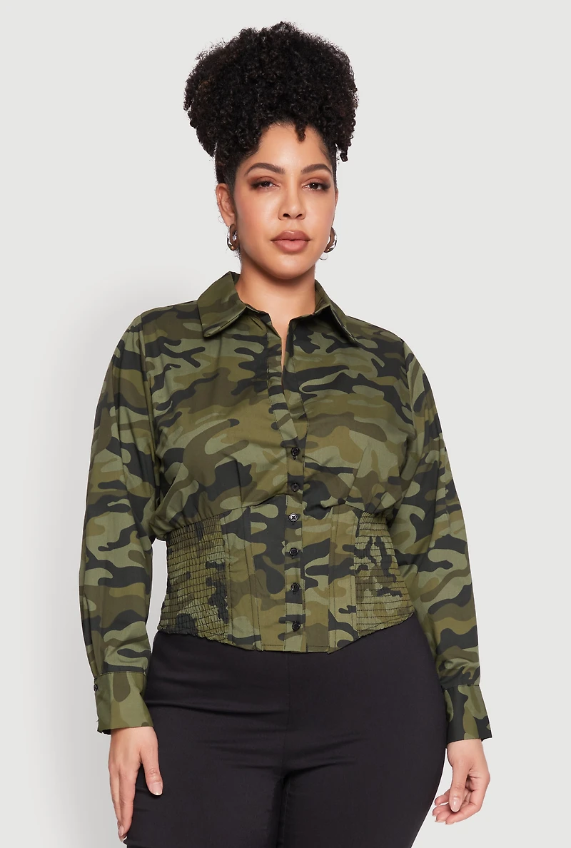 Womens Plus Size Camouflage Smock Waist Blouse, Green, Size 1X