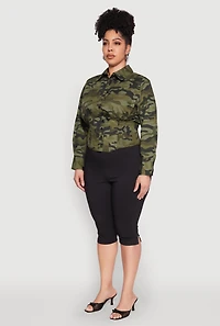 Womens Plus Size Camouflage Smock Waist Blouse, Green, Size 2X