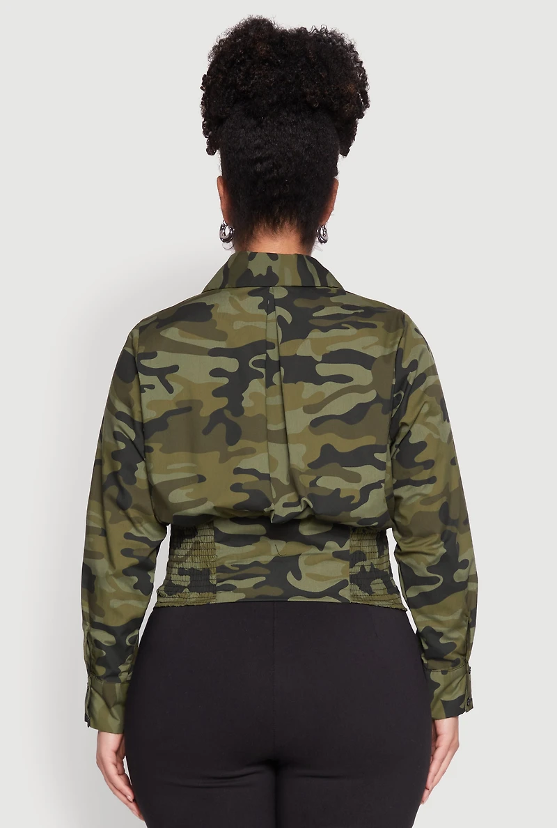 Womens Plus Size Camouflage Smock Waist Blouse, Green, Size 1X