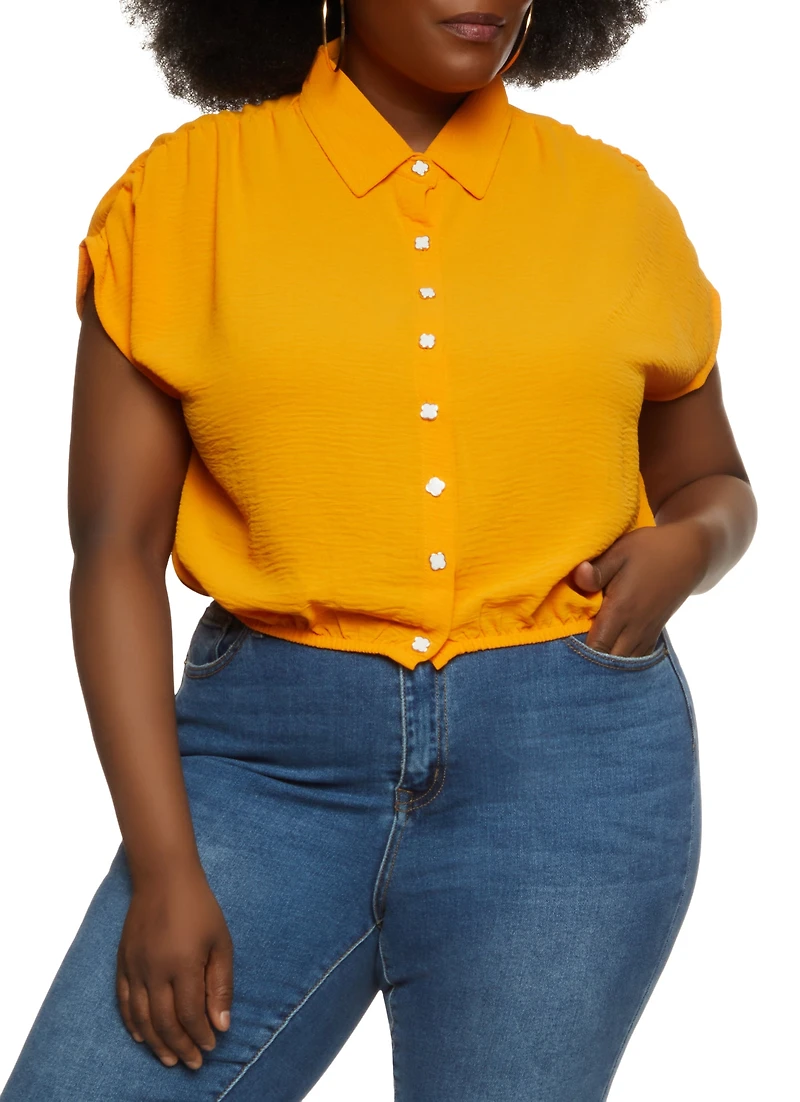 Plus Crepe Knit Ruched Sleeve Button Front Shirt