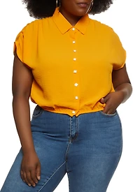 Plus Crepe Knit Ruched Sleeve Button Front Shirt