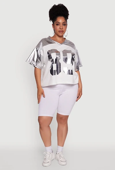 Womens Plus Size Metallic 89 Graphic Football T-Shirt, Grey, Size 3X
