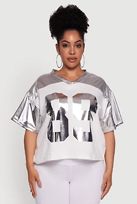Womens Plus Size Metallic 89 Graphic Football T-Shirt, Grey, Size 3X