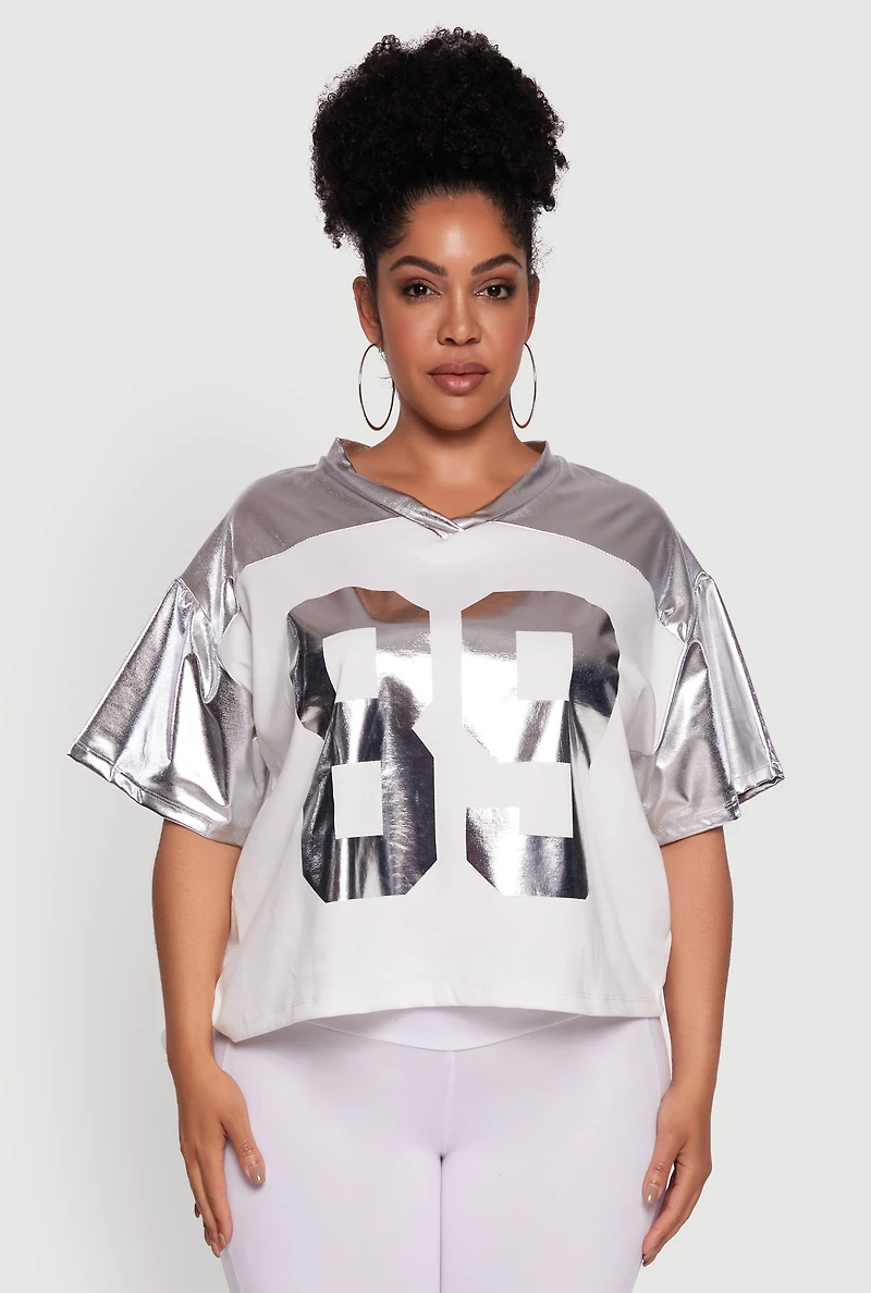 Womens Plus Size Metallic 89 Graphic Football T-Shirt, Grey, Size 1X