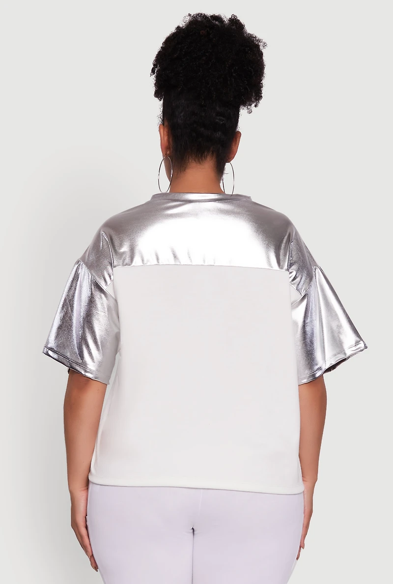 Womens Plus Size Metallic 89 Graphic Football T-Shirt, Grey, Size 2X