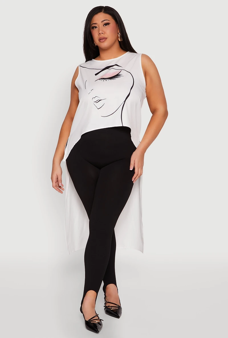 Plus Face Print Sleeveless High Low Maxi Top