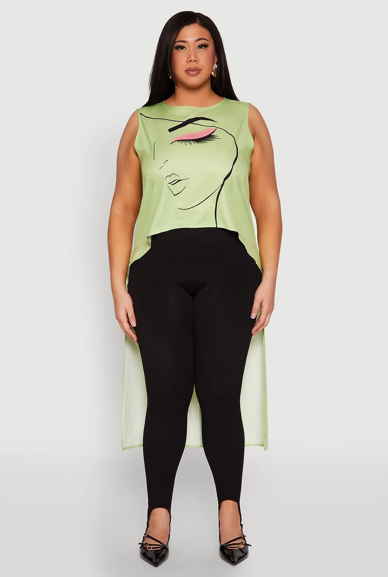 Womens Plus Size Face Print Sleeveless High Low Maxi Top, Green, Size 2X
